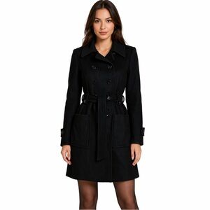 Jacob Black Double-Breasted Wool Blend Pea Coat with Belt